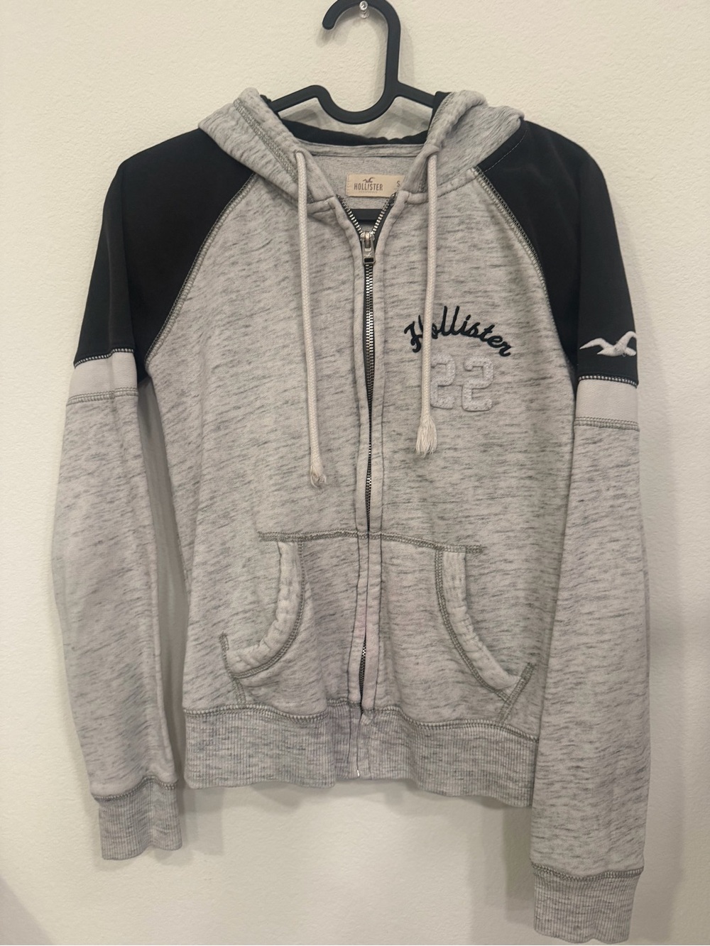 Hollister Gray and Black Zip-Up Hoodie Jacket- red stain on lower front- as seen